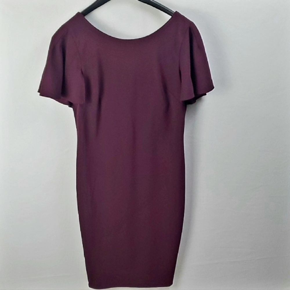 Calvin Klein Flutter Sleeve Wine Sheath Midi Dress Sz 12 V-Zip Back, Classy